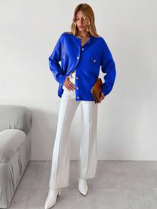 EURMUSE Solid Color Drop Shoulder Cardigan - Blue - View 4