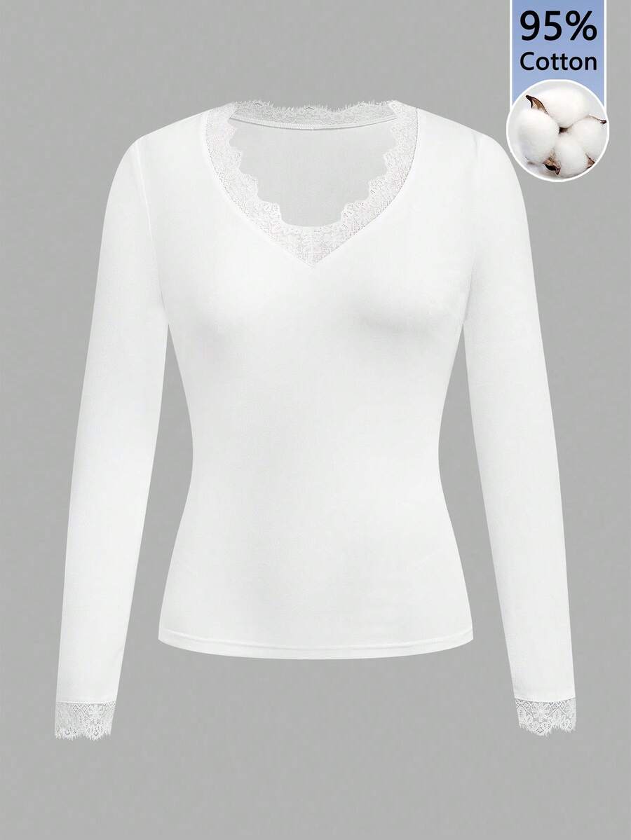 Tseoso 95% 纯棉深 V 领蕾丝边修身长袖 T 恤，适合秋冬季，分层穿着 - 白色 - 查看 1