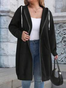 EMERY ROSE Sudadera con cremallera de unicolor de talla grande para mujer, sudadera casual con bolsillo para mujer en primavera/otoño, sudadera con cremallera de manga larga y corte holgado, sudadera con cremallera negra regular - Negro - Ver 6