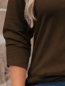 EMERY ROSE Camiseta de manga larga con cuello redondo y media cremallera, corte holgado para tallas grandes - Marrón - Ver 3