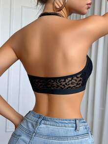 1 件性感蕾丝豹纹前扣挂脖女式内衣吊带背心 - 黑色 - 查看 2