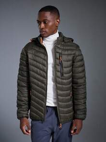 DRIFTMERE Men's Cotton Padded Coat, Hooded Quilted Coat With Multiple Pockets, Long Sleeve Sportswear Fashion Outerwear, Suitable For Outdoor Activities, Street Wear And Daily Wear, Autumn/Winter - Army Green - View 3