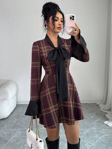 Islaluna Women's Retro Early Autumn Korean Sweet Wine Red Plaid Patchwork Dress With Big Bow Design, Flare Sleeves, Suitable For Dates, Parties, Christmas, Elegant Dress