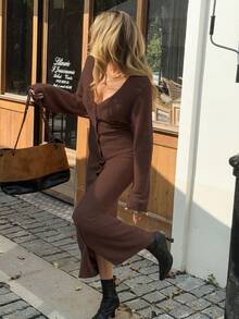 Livesso Women's Coffee Color V-Neck Lantern Sleeve Long Knitted Sweater Dress, Autumn - Coffee Brown - View 2