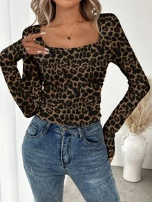 SHEIN LUNE 女士休闲豹纹长袖T恤，适合秋冬打底 - 彩色 - 查看 3