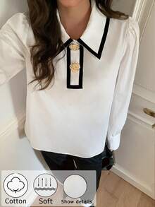 Elyressa Chemisier élégant français à manches longues avec boutons métalliques de couleur contrastée pour femmes