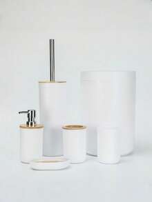 6PCS Bathroom Accessories Set, Plastic & Bamboo Bath Ensemble Kit With Lotion Dispenser, Toothbrush Holder, Toothbrush Cup, Soap Dish, Toilet Brush & Holder, Trash Can,Birthday, Holiday, Housewarming,Christmas Gift Set - Multicolor - View 14