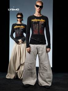 NEON BLANC Men's Street Fashion Knitted Crew Neck Letter Graphic Long Sleeve T-Shirt, Fall, Couple Things