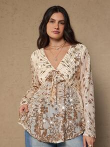 Freevana 大码女式花卉亮片前系带喇叭袖时尚衬衫 - 杏色 - 查看 4