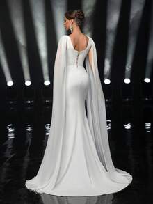 Glamrae Elegant White Elastic Knit Waist Boned Sheer Chiffon Extra Long Mesh Flare Sleeve Luxurious Handmade Rhinestone Fishtail Extra Long Trailing Adjustable Tie Suitable For Wedding Events Bridal Gown - White - View 3