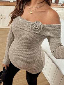 SHEIN Maternity Elegant Autumn Babyshower Solid Color Applique Ribbed Off Shoulder Long Sleeve Sweater,Women Fall Winter Knit T-Shirt Clothes Top - Apricot - View 3