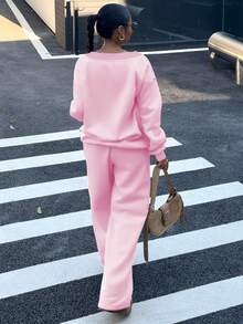 SHEIN EZwear 2 件套女士超大 V 领蓬松羊毛弹力宽松运动衫和运动裤，休闲秋冬 - 粉色 - 查看 2