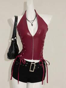 SHEIN ICON 红色 Y2K V 领 PU 皮革外出演唱会女式演唱会黑色哥特性感索环纯色时尚侧交叉带露背背心，夏季 - 酒紅色 - 查看 1