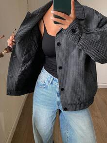 Livesso Women's Loose Business Casual Striped & Plaid Stand Collar Jacket, Street Fashion Regular Outerwear For Autumn & Winter Women Coats - Blue - View 3