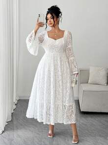 Elenzga Vestido de mujer talla grande con cuello cuadrado de encaje y mangas acampanadas, elegante para citas - Blanco - Ver 8