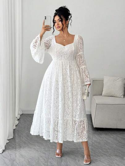 Elenzga فستان نسائي كبير الحجم بياقة مربعة وأكمام واسعة، أنيق للمواعيد