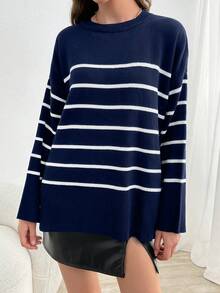 SHEIN Tall Women's Casual Everyday Colorblock Striped Crew Neck Sweater, Autumn/Winter - Navy Blue - View 4