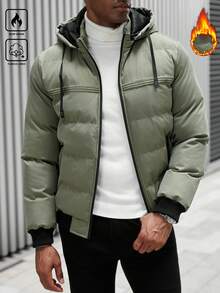 Manfinity CasualCool 男士绗缝拉链连帽加厚外套，冬季保暖 - 軍綠色 - 查看 5