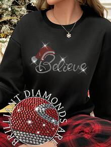 EMERY ROSE Übergröße Damen Weihnachtsmütze Believe Letter Hot Strass Grafik Sweatshirt Rundhalsausschnitt