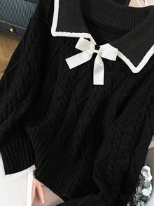 GlowEve CURVE Große Größen eleganter luxuriöser grauer Strickpullover mit Peter-Pan-Kragen, Schleife und Langarm, dick