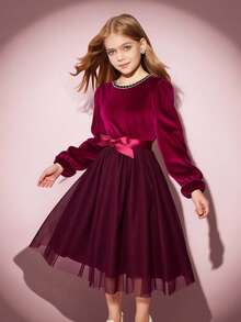 Robe de soirée élégante pour préadolescentes en velours, patchwork, pailletée et en maille, pour Noël, automne/hiver