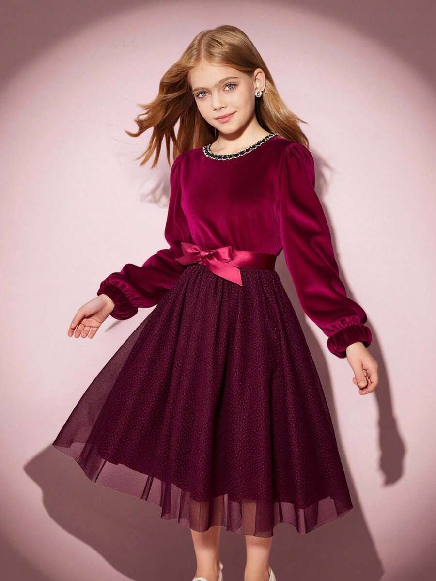 Robe de soirée élégante pour préadolescentes en velours, patchwork, pailletée et en maille, pour Noël, automne/hiver