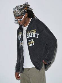 Modcrash Men's Letter & Graphic Printed Zip-Up Hoodie, Spring/Fall - Black - View 5