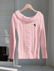 Comfortcana 女士撞色刺绣装饰露肩长袖毛衣套头衫，粉色毛衣套头衫，女士毛衣，麻花针织毛衣，秋季女装 - 粉色 - 查看 6