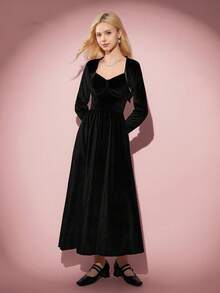 2pcs/Set Teen Girls Casual Elegant Vacation Dress, Black Long Sleeve Jacket And Black Velvet Bowknot Camisole Snug Fit Maxi Dress, Suitable For Halloween, Autumn/Winter Black Outfits Black Dress Black Clothes Black Outfit Set Black Glitter Dress - Black - View 1