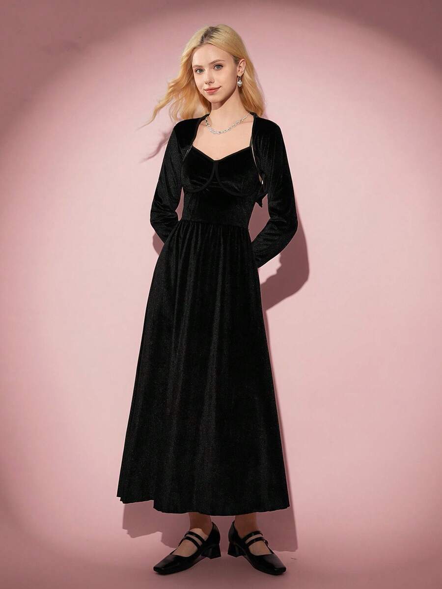 2pcs/Set Teen Girls Casual Elegant Vacation Dress, Black Long Sleeve Jacket And Black Velvet Bowknot Camisole Snug Fit Maxi Dress, Suitable For Halloween, Autumn/Winter Black Outfits Black Dress Black Clothes Black Outfit Set Black Glitter Dress - Black - View 1