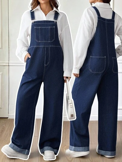 SHEIN Maternity Fall Autumn Winter Halloween Christmas New Year Thanksgiving Commuting Vacation Y2k Cute Party Elegant Business Casual Streetwear Coquette Pocket Design Wide Leg Loose Casual Blue Denim Bib Jumpsuit Classic Blue Denim Overalls For Women Adjustable Strap Loose Fit Jumpsuit With Rolled Cuffs Stylish Women Denim Dungarees Wide Leg Jumpsuit With Front Pocket Design And Comfortable Fit