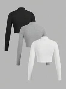 SHEIN EZwear 3 件女式罗纹面料拉链高领长袖 T 恤套装，适合春秋季 - 彩色 - 查看 2