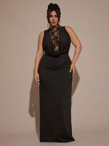 SHEIN BAE Plus Size Elegant Black Lace Turtleneck Patchwork Bodycon Plus Size Dress, Suitable For Wedding Guest Formal Attire,Elegant Party Dress ,Graduation Guest Dress,Elegant Dresses For Women,Luxury Evening Dresses For Women,Chic Evening Dress,Cocktail Dress,Black  Dress,Valentine's Day,Valentine Outfits For Women - Black - View 2