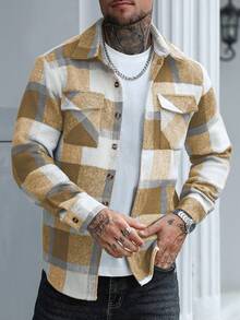 Manfinity Homme 男士休闲复古格子纽扣大衣，秋季款，送给男友和老公的完美节日礼物，男士法兰绒衬衫，冬季款 - 黃色 - 查看 4