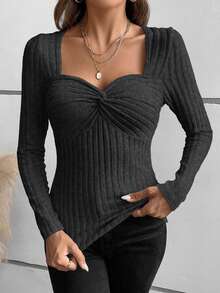 SHEIN LUNE Women's Casual Everyday Commute Simple Solid Color Ribbed Knit Twist Front Fitted Long Sleeve T-Shirt, Spring/Autumn - Dark Grey - View 3