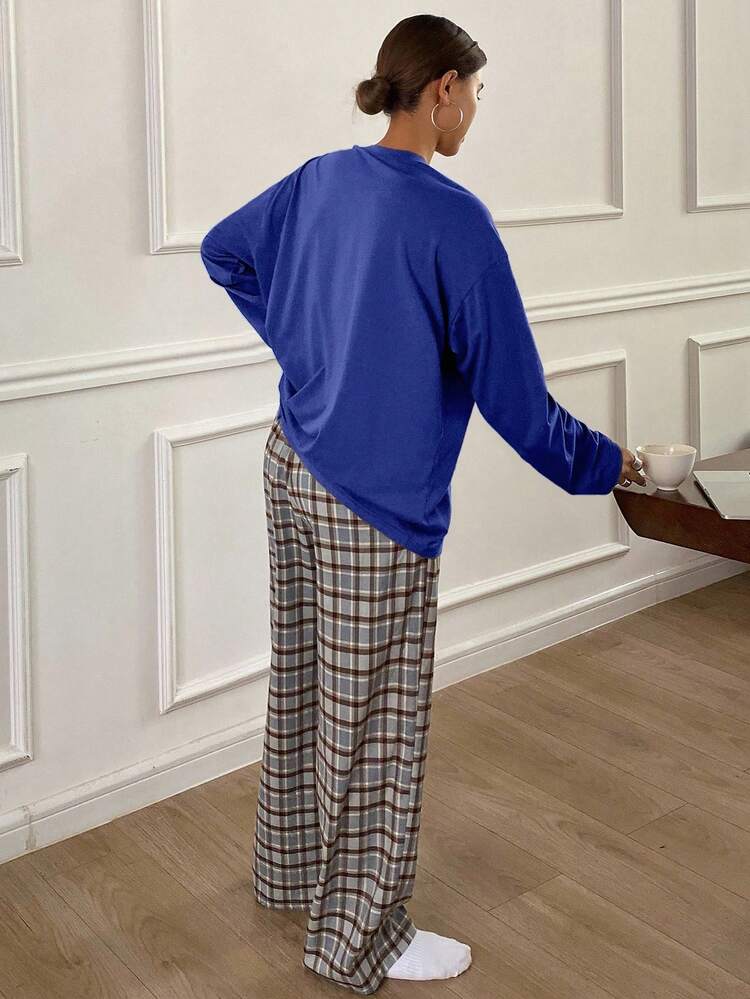 Minimalist Solid Color Loose Long Sleeve T-Shirt Top & Plaid Straight Loose Pajama Pants Homewear Set, Winter Clothes