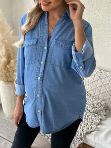 SHEIN 孕妇纯色休闲长袖牛仔衬衫 - 淺色水洗藍 - 查看 5