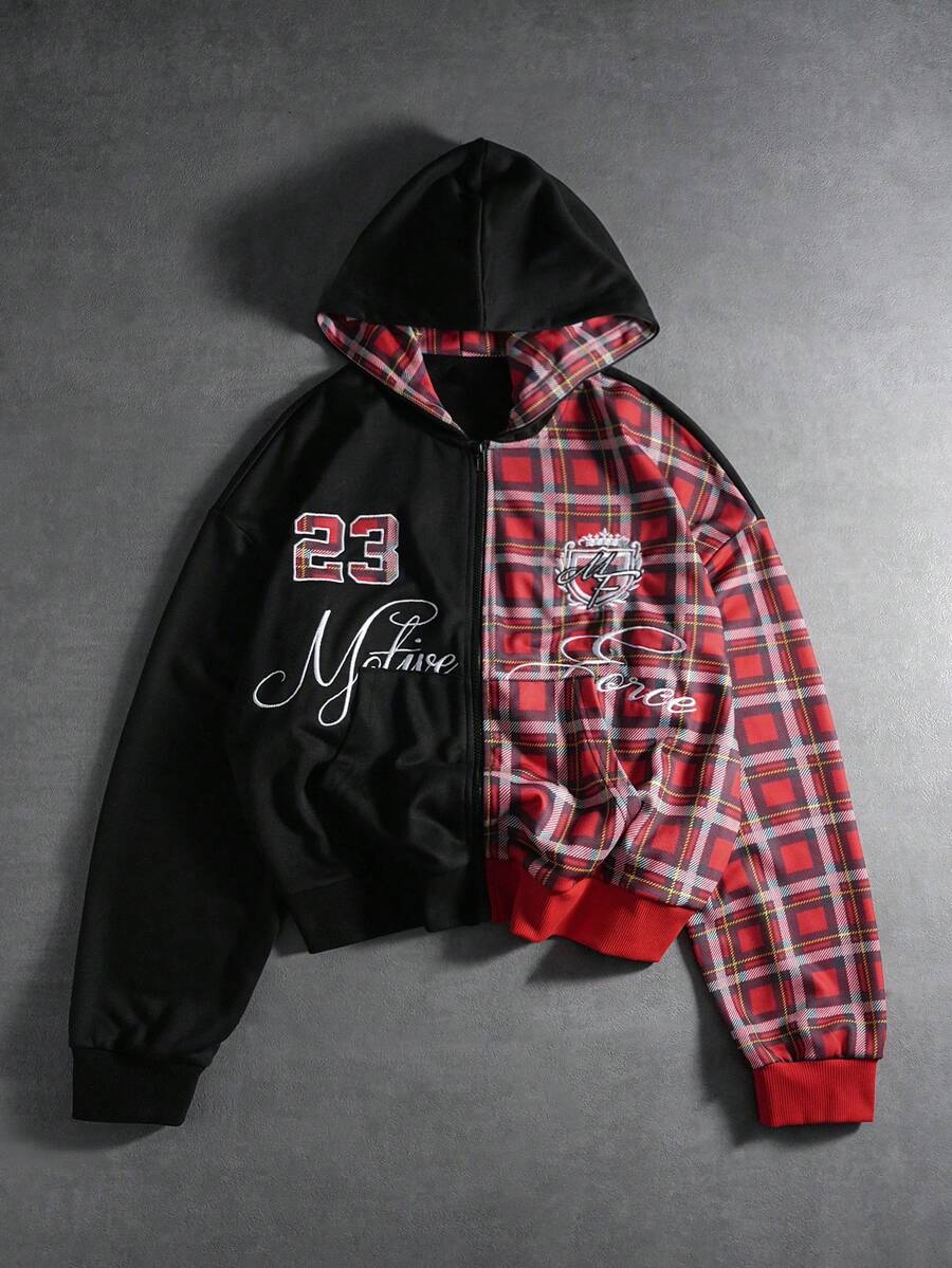 PAVTROS Manfinity Streetrush 男士街头风流行 INS 联名款男士拼接连帽卫衣，街头服饰，保暖冬季，圣诞节街头风拉链短款印花街头连帽衫，长袖上衣 - 灰色 - 查看 1