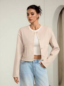 SHEIN Tall 女士圆领夹克，刺绣撞色边缘夹克，休闲街头风格女士夹克，办公室服装 - 杏色 - 查看 4