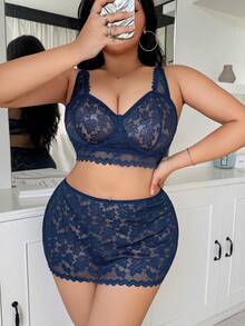 Conjunto de 2 peças de sutiã com aro e minissaia plus size com patchwork de renda e folhas - Azul marinho - Ver 3