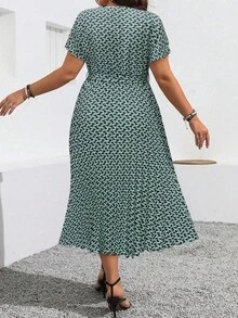 Vionelle 大码夏季休闲全身印花蝙蝠袖连衣裙，带褶边下摆，长款女装 - 綠色 - 查看 2