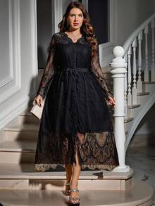 Gownix 加大码纯色蕾丝拼接腰带优雅长袖连衣裙 - 黑色 - 查看 9