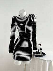 SHEIN Unity Women's Black & White Striped Boat Neck Button-Up Long Sleeve Waist Cinched Bodycon Mini Dress, Sexy Fitted Design, Autumn European Style - Black and White - View 4