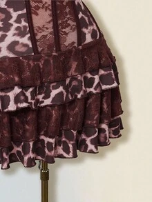 SHEIN ICON Women Brown Leopard Print Bustier Crop Top & Layered Lace Ruffle Mini Dress,Elegant Dresses For Party