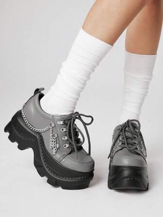 Grunge Punk Scarpe da donna in stile Y2K punk rock con lacci e catene, mocassini neri, Mary Jane Oxford, scarpe da lavoro, con plateau e tacco a zeppa