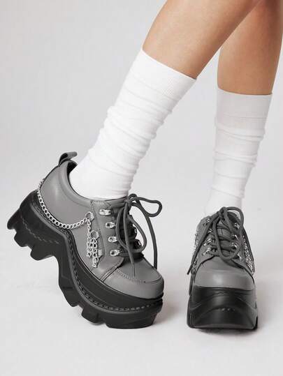 Grunge Punk Women's Y2K Punk Rock Lace-Up Chain Gothic Shoes, Black Loafers, Mary Jane Oxfords, Work Shoes, Platform & Wedge Heels