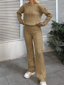 SHEIN Cottnline Solid Color Drop Shoulder Cable Knit Sweater And Knitted Pants Two Piece Set - Khaki - View 4