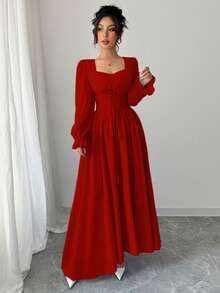 Modelyn 优雅纯色心形领长袖束腰连衣裙，法式时尚 - 紅色 - 查看 5