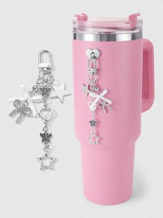 Kawaii 1pc Y2K Fashion Elegant Casual Versatile High-Quality Silver Ball Chain Bow, Heart, Star, Bow Knot, Pearl Decor DIY Keychain, Bag Charm, Phone Charm, Cup Hanger, Comes With Phone Holder & Heart Sticker Accessories, Suitable For Women, Gift