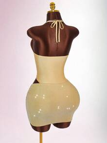 Amplova Conjunto de mono cómodo de color metálico y minifalda con brillo para mujer